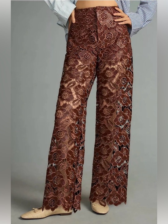Anthropologie Pants - Anthropologie Faux Leather Lace Brown Floral Pants Sheer Embroidered Size 4 [CH]